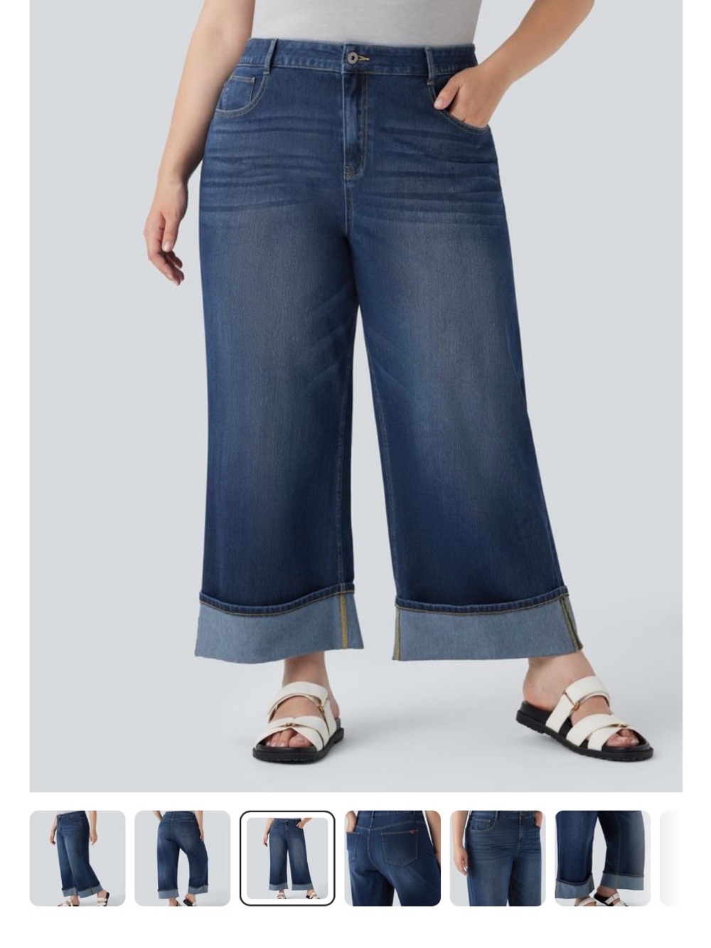 HALARA Indigo Wide-Leg Cropped Jeans with Rolled Cuff